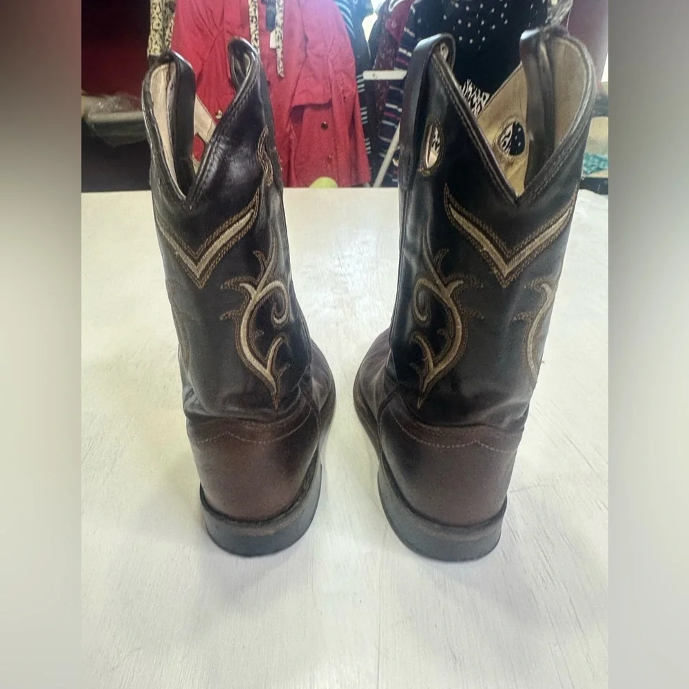 Old West Kids Cowboy Boots Brown Leather Square Toe Western Youth Size 3D